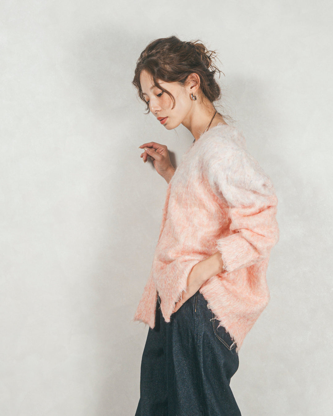 ［SET］Airyフェザー ニットカーディガン+ワイドTuckイージーデニム