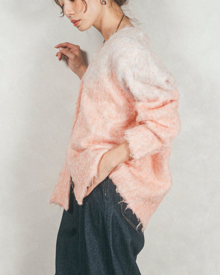 ［SET］Airyフェザー ニットカーディガン+フロントスリット Iラインデニムスカート（2SET）