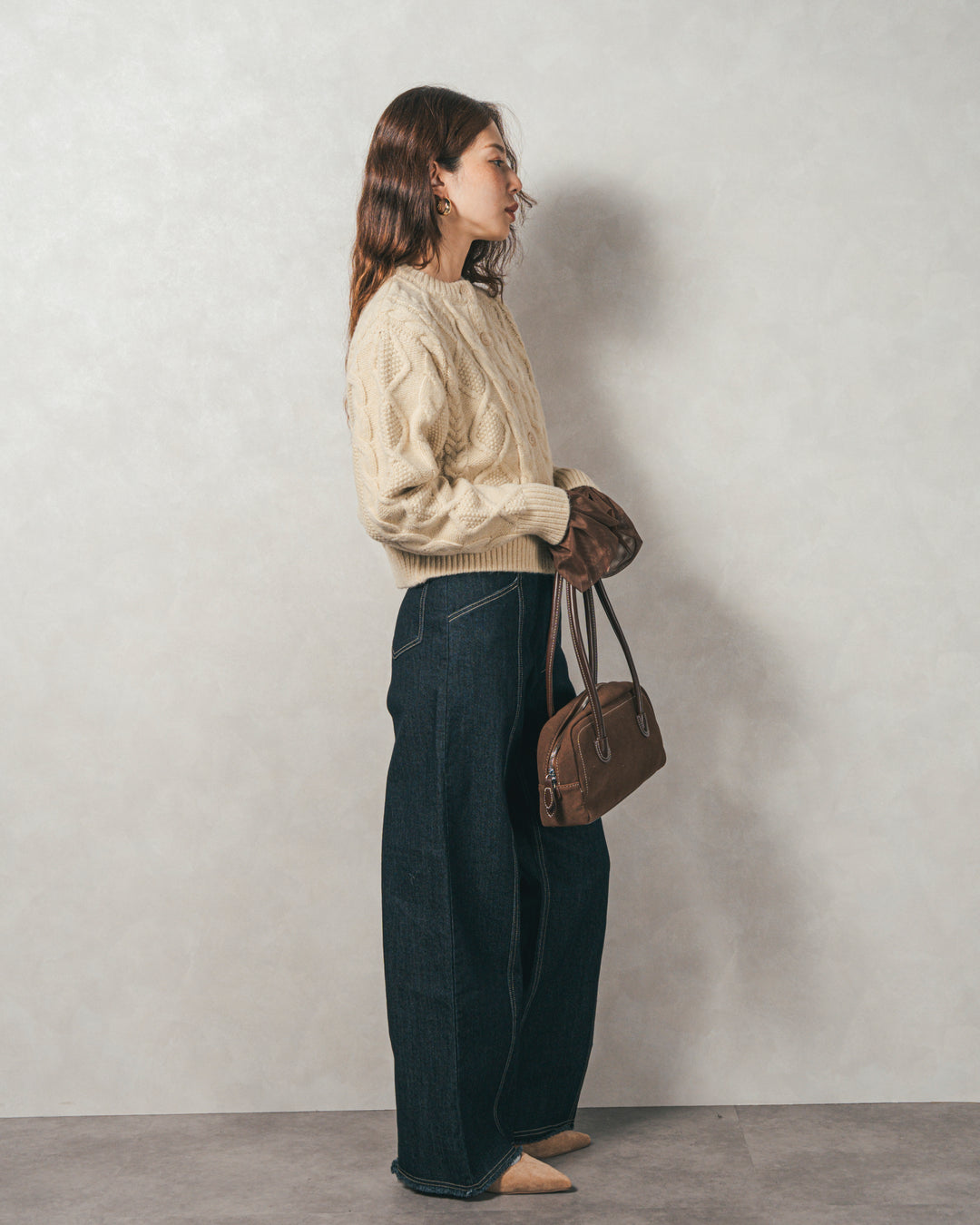 ［SET］ケーブルKnitクルーカーディガン+チュールスリーブRibトップス+センターシーム リラックスカラーデニム（3SET）