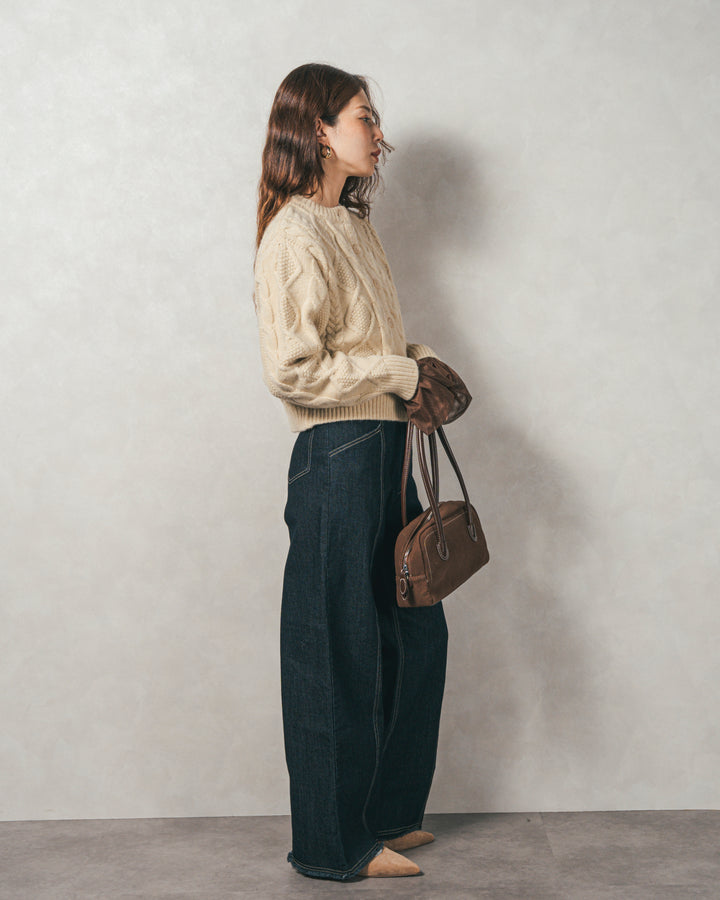 ［SET］ケーブルKnitクルーカーディガン+チュールスリーブRibトップス+センターシーム リラックスカラーデニム（3SET）