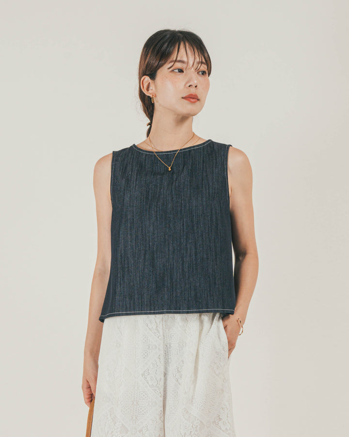 ［SET］スラブデニム 2Wayブラウス + Blockレース　ストレートパンツ（2SET）