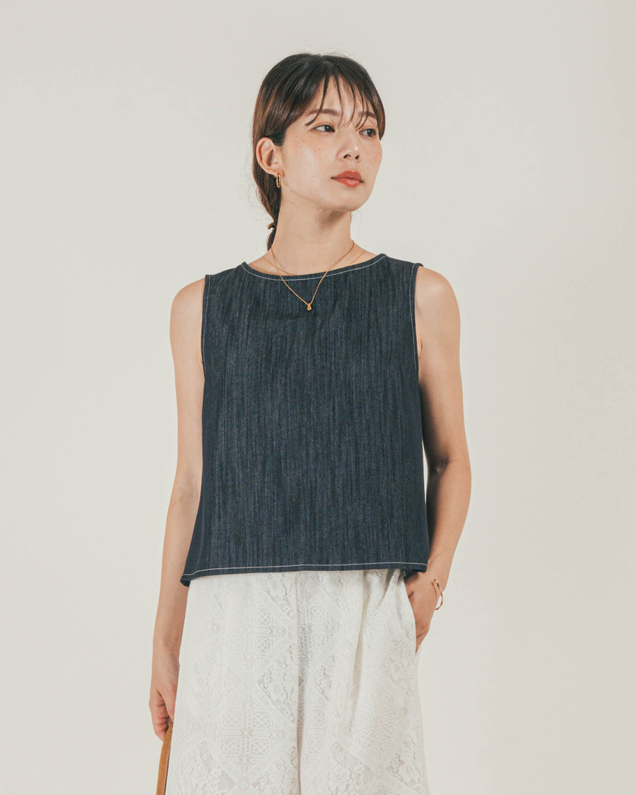 ［SET］スラブデニム 2Wayブラウス + Blockレース　ストレートパンツ（2SET）