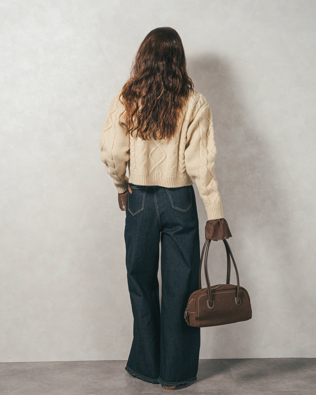 ［SET］ケーブルKnitクルーカーディガン+チュールスリーブRibトップス+センターシーム リラックスカラーデニム（3SET）