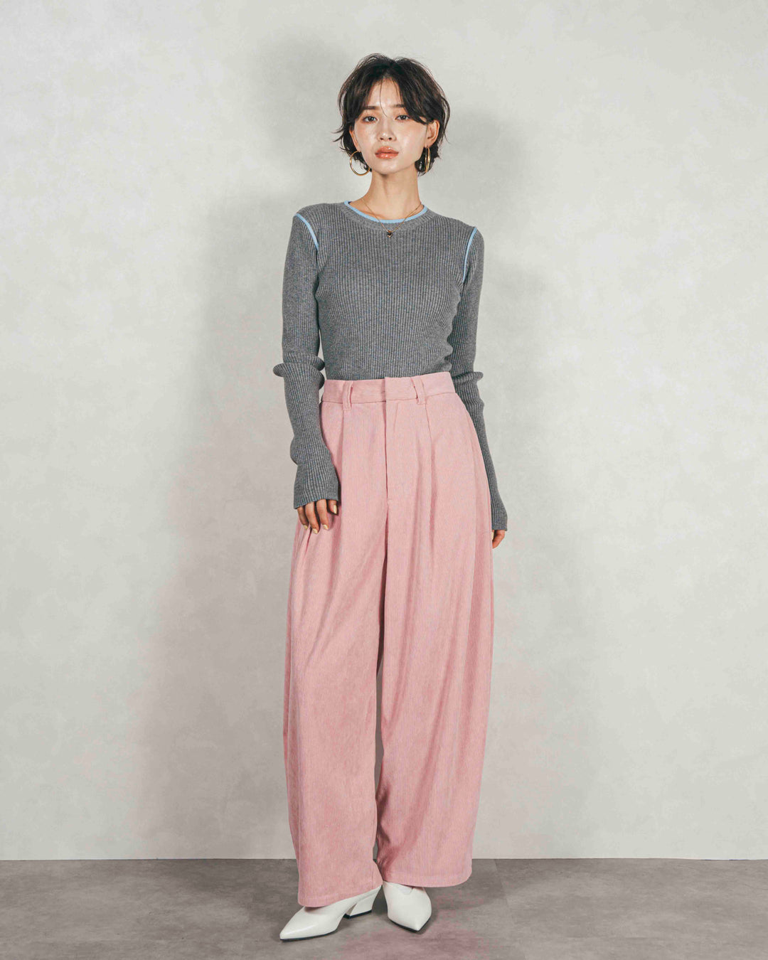 バイカラークルーネックニットトップス (GRAY x LIGHT BLUE)