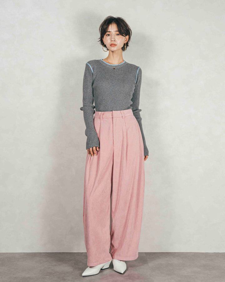 バイカラークルーネックニットトップス (GRAY x LIGHT BLUE)