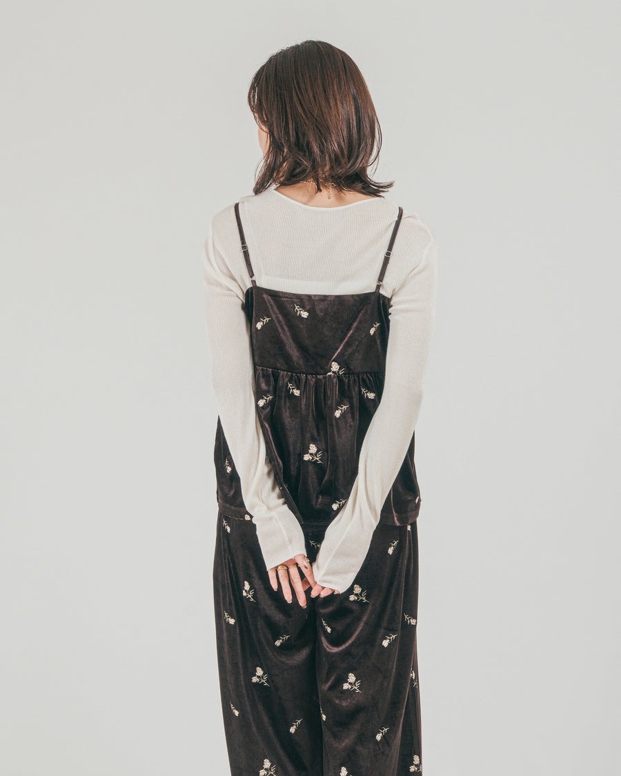［SET］Flower刺繍 ベロアペプラムキャミ + Flower刺繍 ベロアパンツ（2SET）