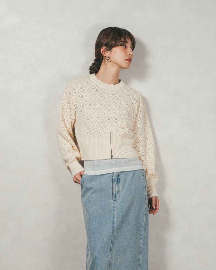 ［SET］透かし編みフロントスリットニット+フロントスリット Iラインデニムスカート（2SET）