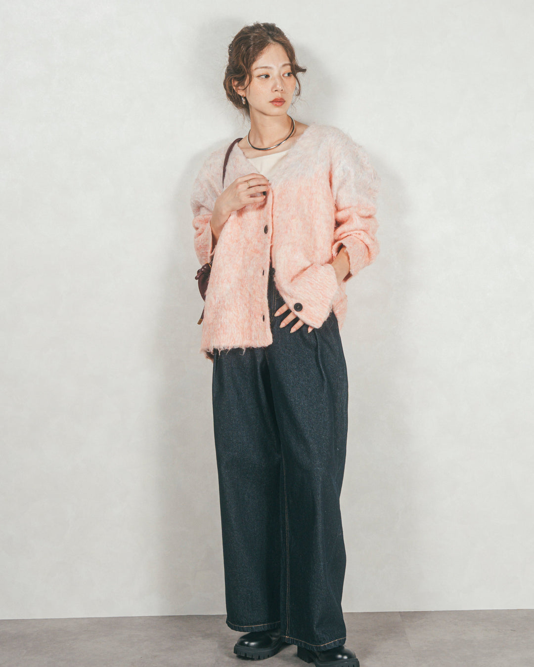 Airyフェザー ニットカーディガン (PINK×LIGHT PINK)