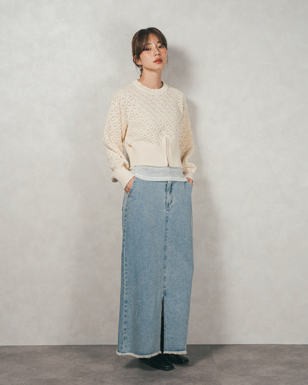 透かし編みフロントスリットニット（IVORY）