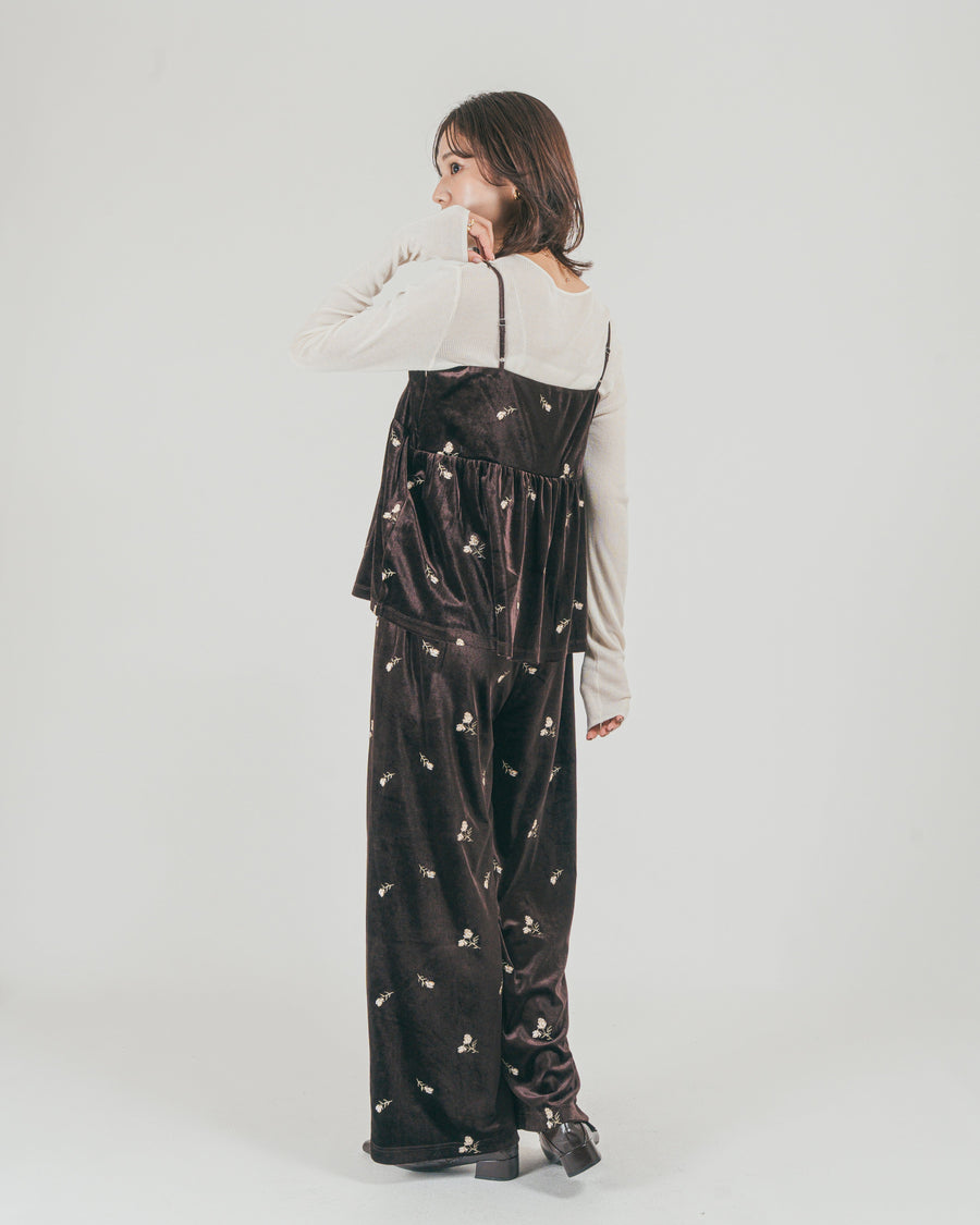 ［SET］Flower刺繍 ベロアペプラムキャミ + Flower刺繍 ベロアパンツ（2SET）
