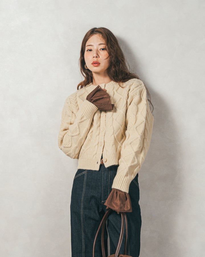 ［SET］ケーブルKnitクルーカーディガン+チュールスリーブRibトップス+センターシーム リラックスカラーデニム（3SET）