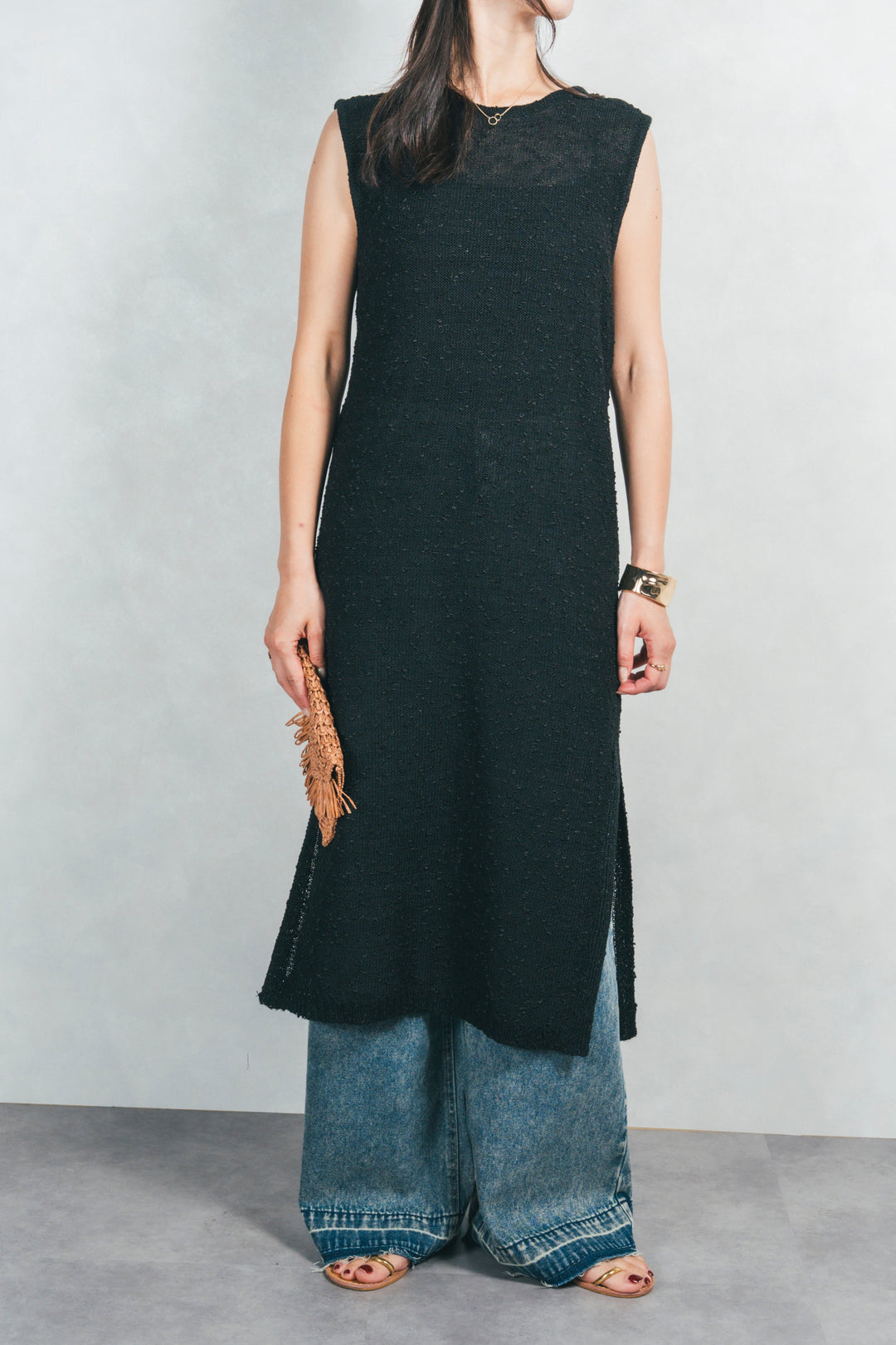 ネップヤーンノースリーブニットワンピ (BLACK)