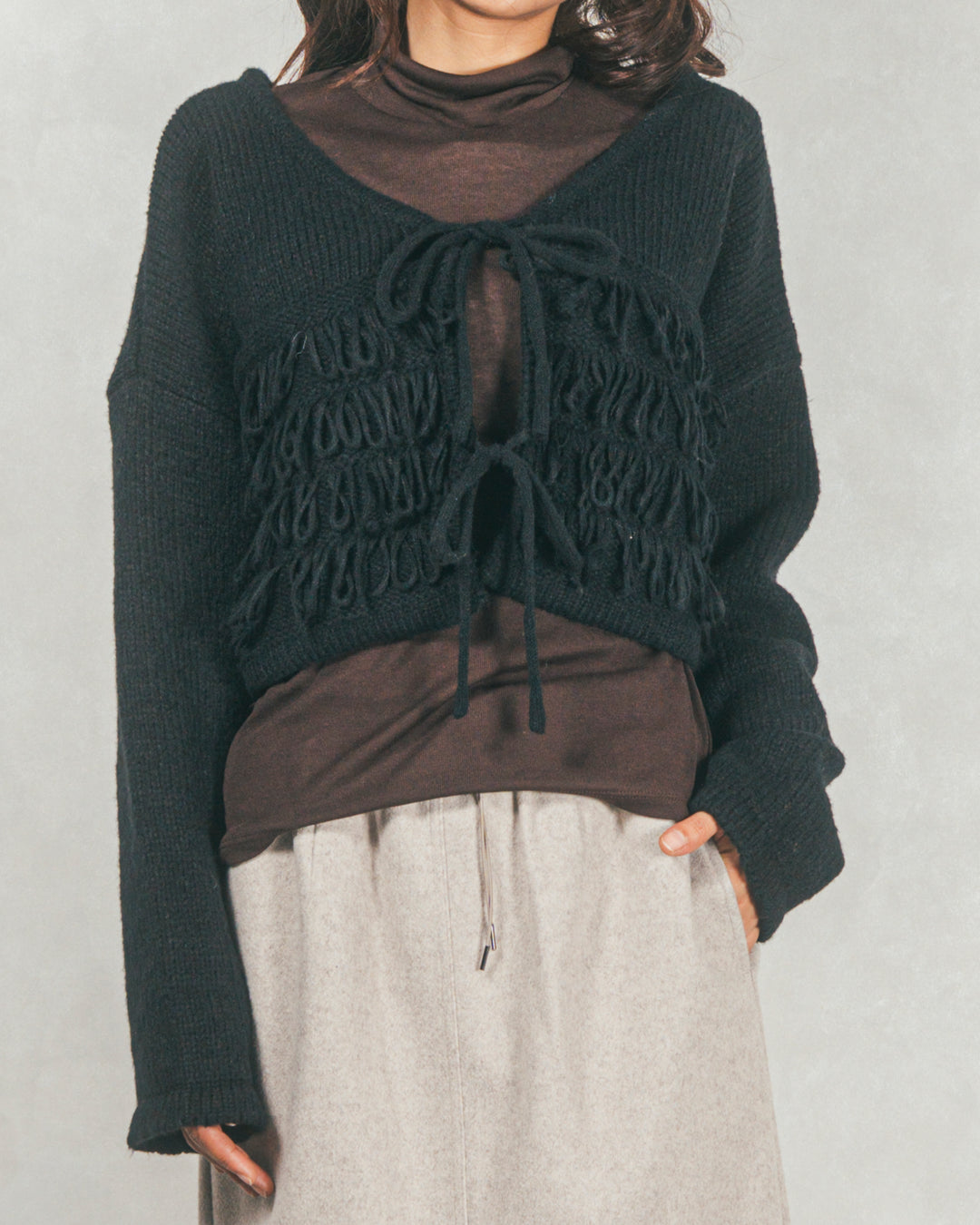 ［SET］ループ編みフリンジカーディガン+ワイドTuckイージーデニム（2SET）