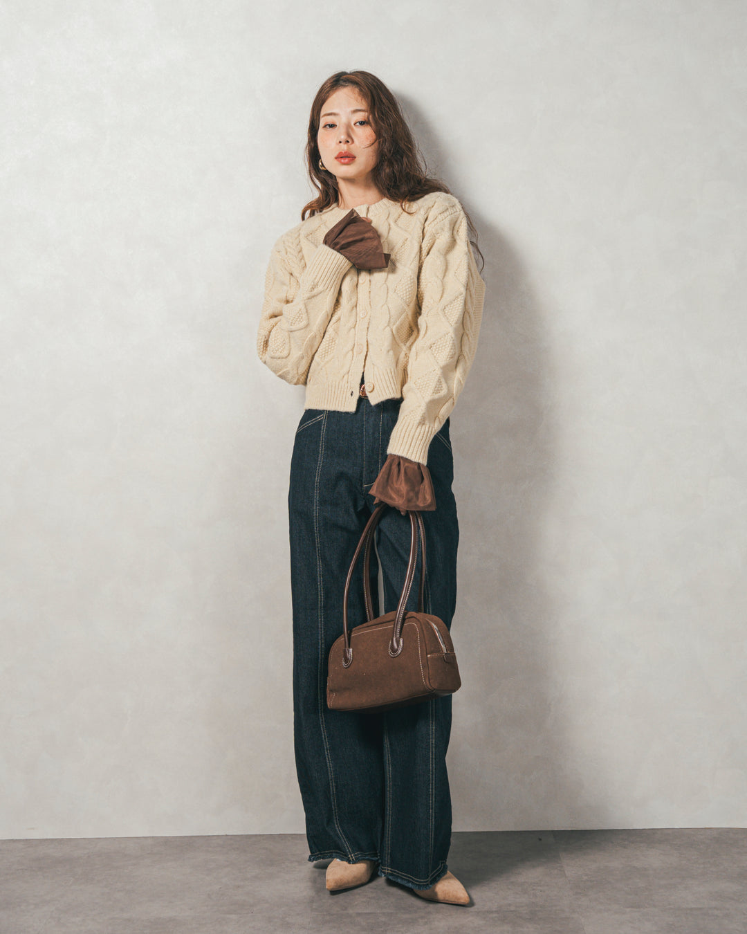 ［SET］ケーブルKnitクルーカーディガン+チュールスリーブRibトップス+センターシーム リラックスカラーデニム（3SET）