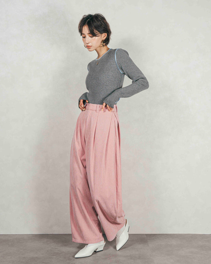 バイカラークルーネックニットトップス (GRAY x LIGHT BLUE)