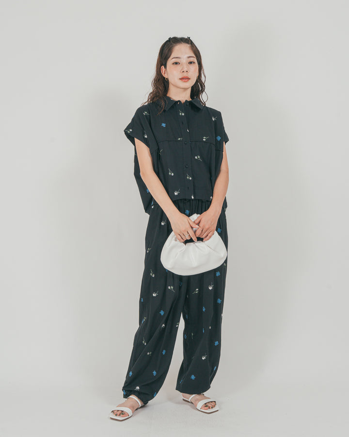 ［SET］Flower刺繍コクーンシャツ + Flower刺繍リラックスパンツ（2SET）