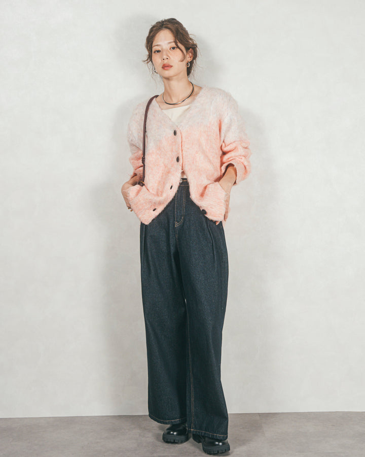 ［SET］Airyフェザー ニットカーディガン+ワイドTuckイージーデニム