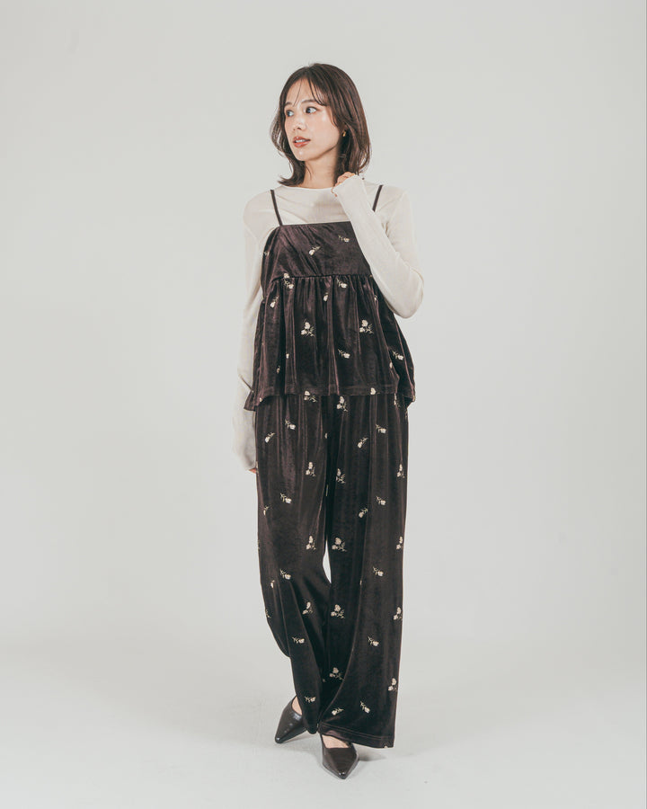 ［SET］Flower刺繍 ベロアペプラムキャミ + Flower刺繍 ベロアパンツ（2SET）