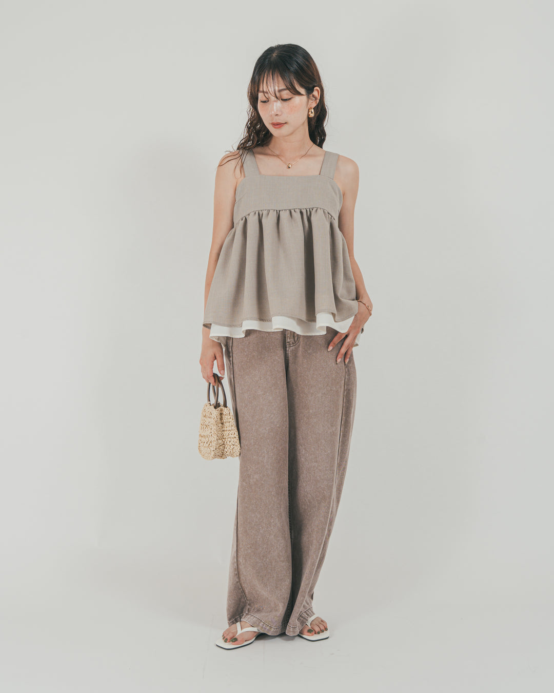 ［SET］スラブTweedバイカラーティアードキャミ + 10oz サイドタック リラックスデニムパンツ（2SET）