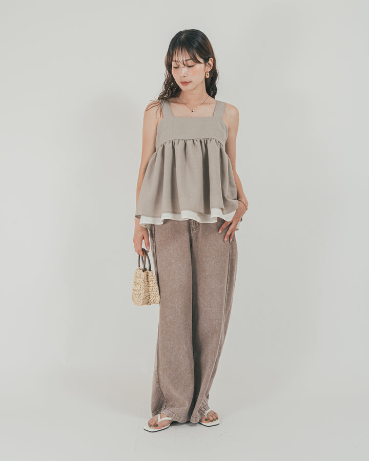 ［SET］スラブTweedバイカラーティアードキャミ + 10oz サイドタック リラックスデニムパンツ（2SET）