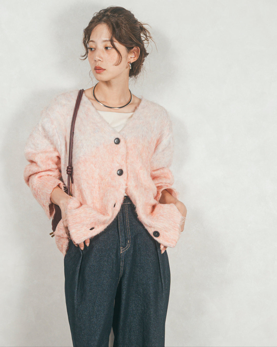 ［SET］Airyフェザー ニットカーディガン+ワイドTuckイージーデニム