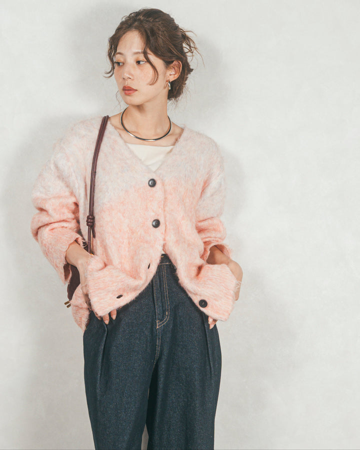 ［SET］Airyフェザー ニットカーディガン+ワイドTuckイージーデニム