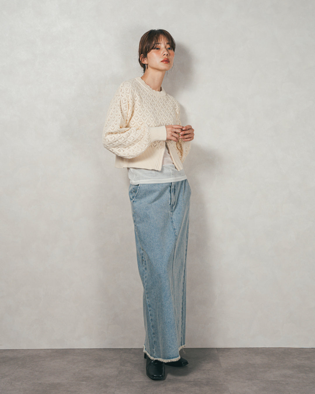 透かし編みフロントスリットニット（IVORY）