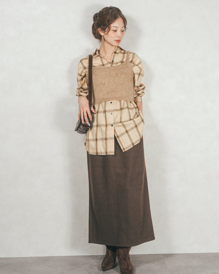 ［SET］Looseチェックシャツ+モヘアタッチKnitビスチェ