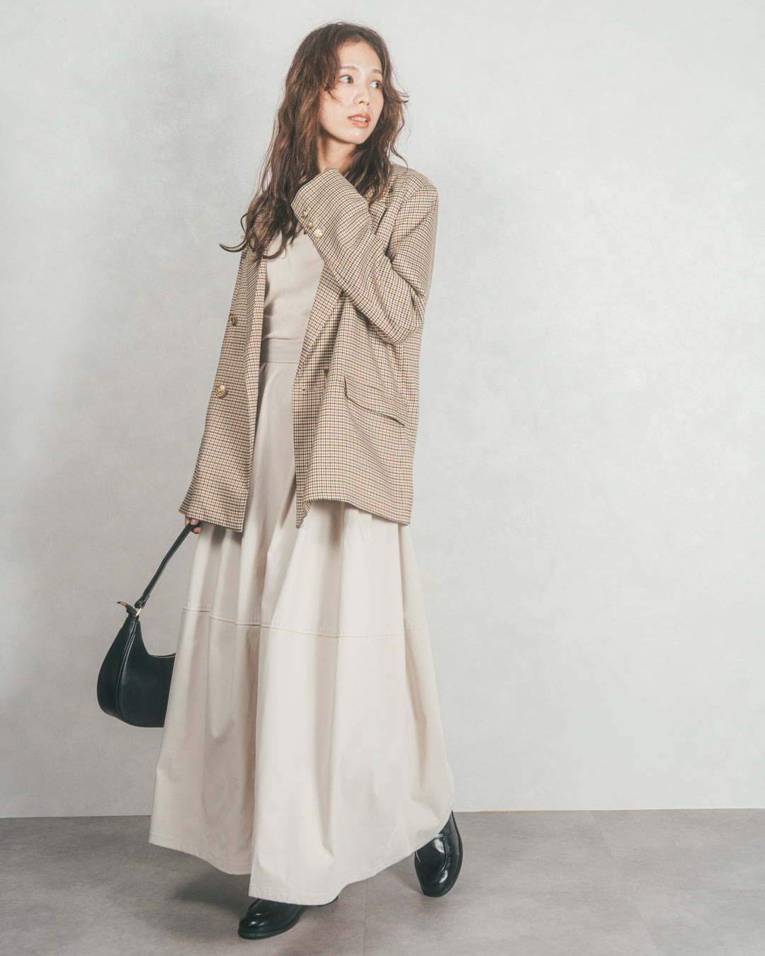 ［SET］Effortless チェックジャケット+コクーンシルエットロングスカート（2SET）