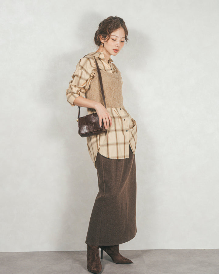 ［SET］Looseチェックシャツ+モヘアタッチKnitビスチェ+Smoothニットソー Narrowスカート