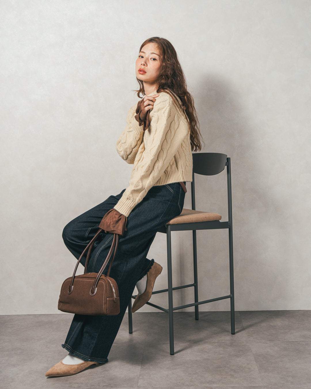 ［SET］ケーブルKnitクルーカーディガン+チュールスリーブRibトップス+センターシーム リラックスカラーデニム（3SET）