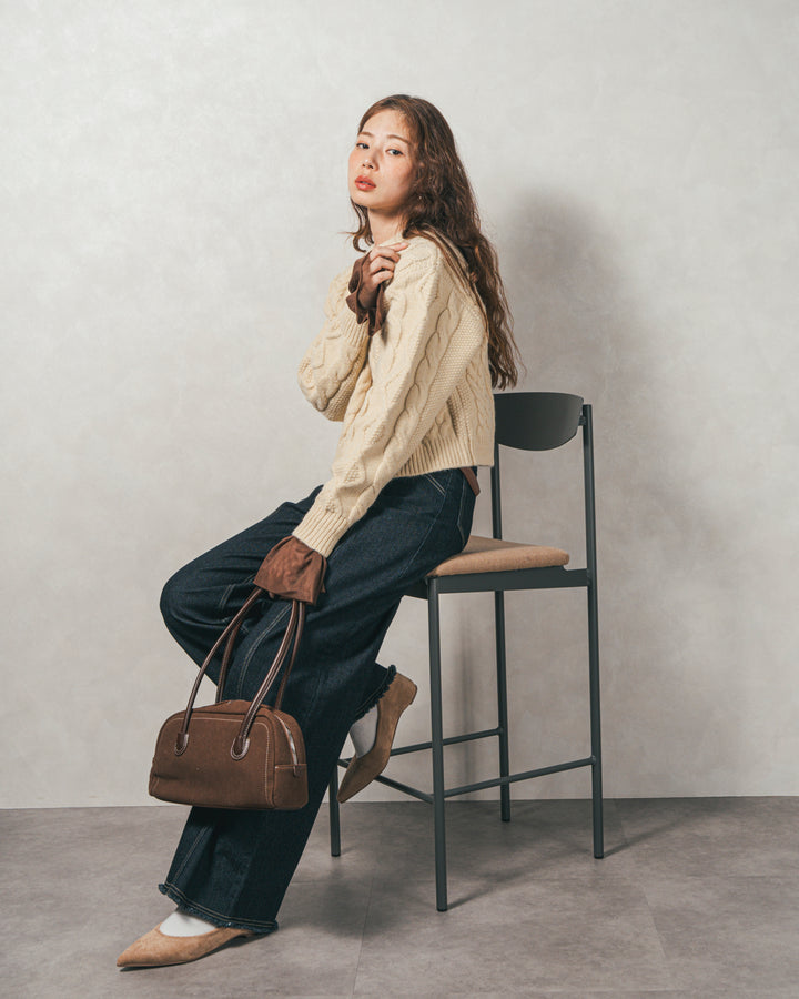 ［SET］ケーブルKnitクルーカーディガン+チュールスリーブRibトップス+センターシーム リラックスカラーデニム（3SET）