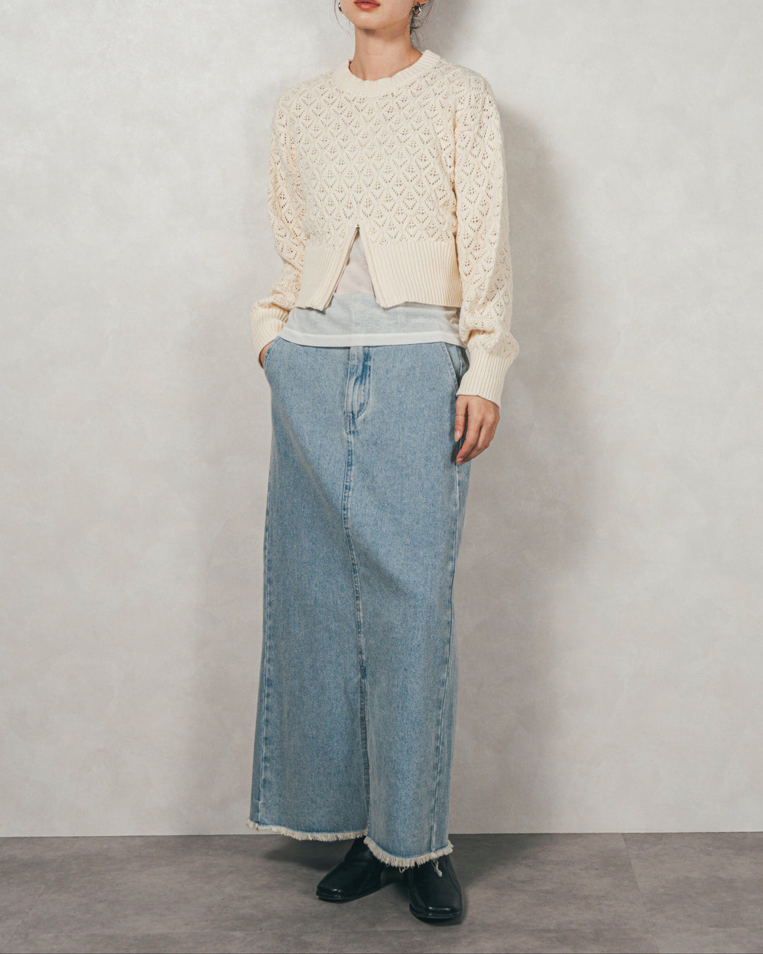 透かし編みフロントスリットニット（IVORY）