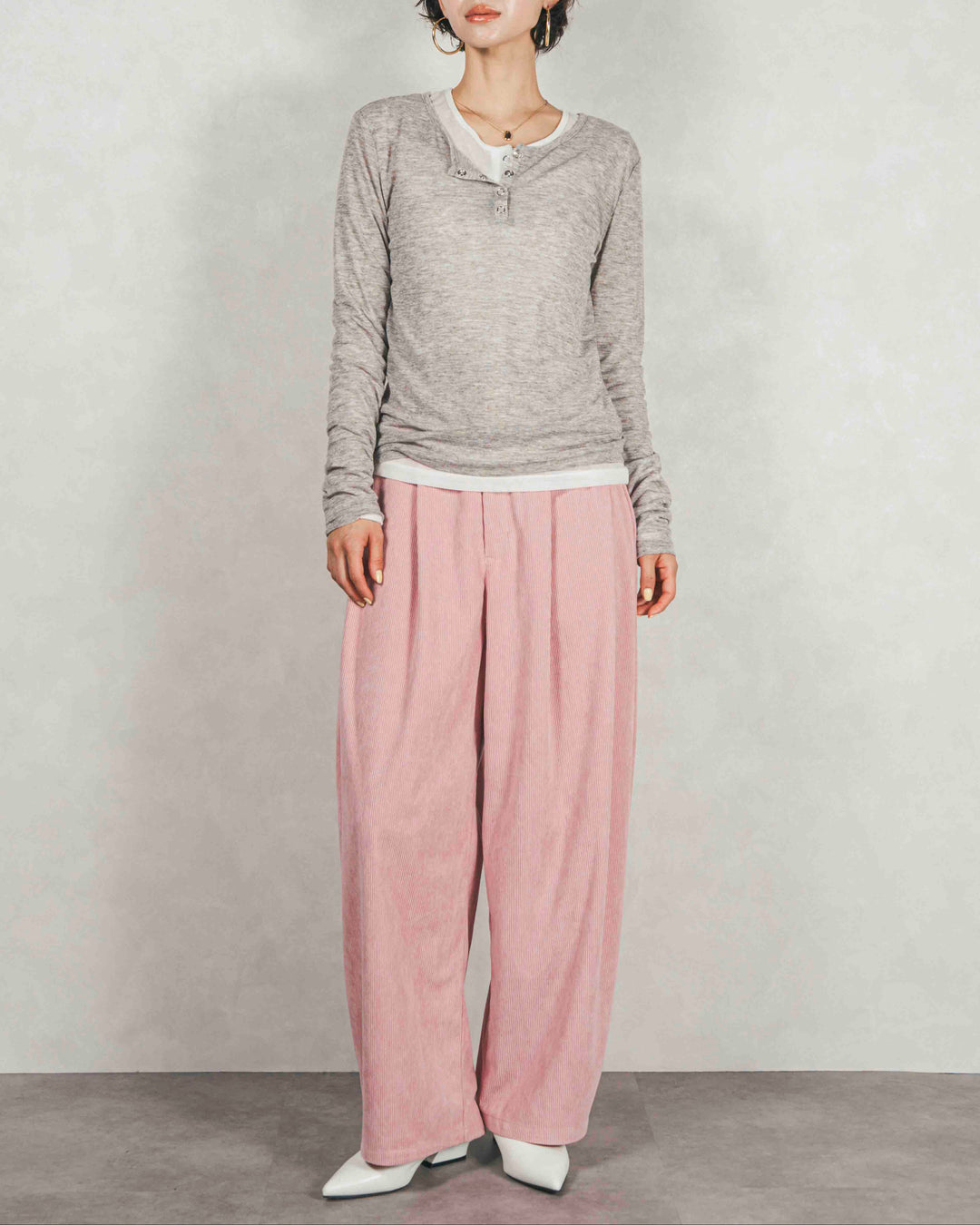 Sheerリブヘンリーネックトップス (GRAY)