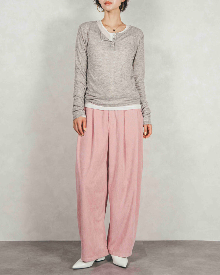 Sheerリブヘンリーネックトップス (GRAY)