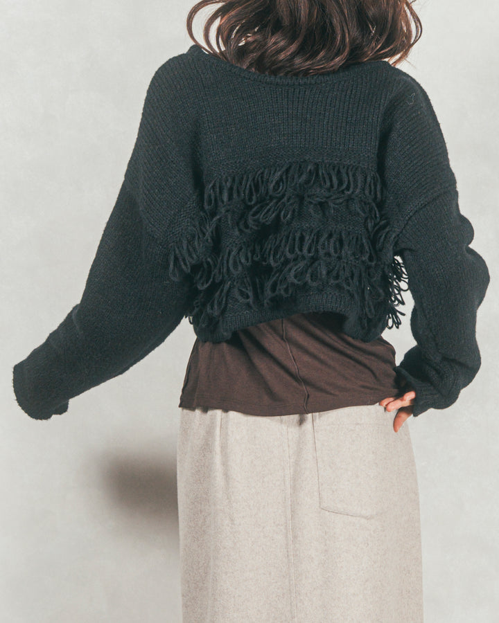 ［SET］ループ編みフリンジカーディガン+ワイドTuckイージーデニム（2SET）