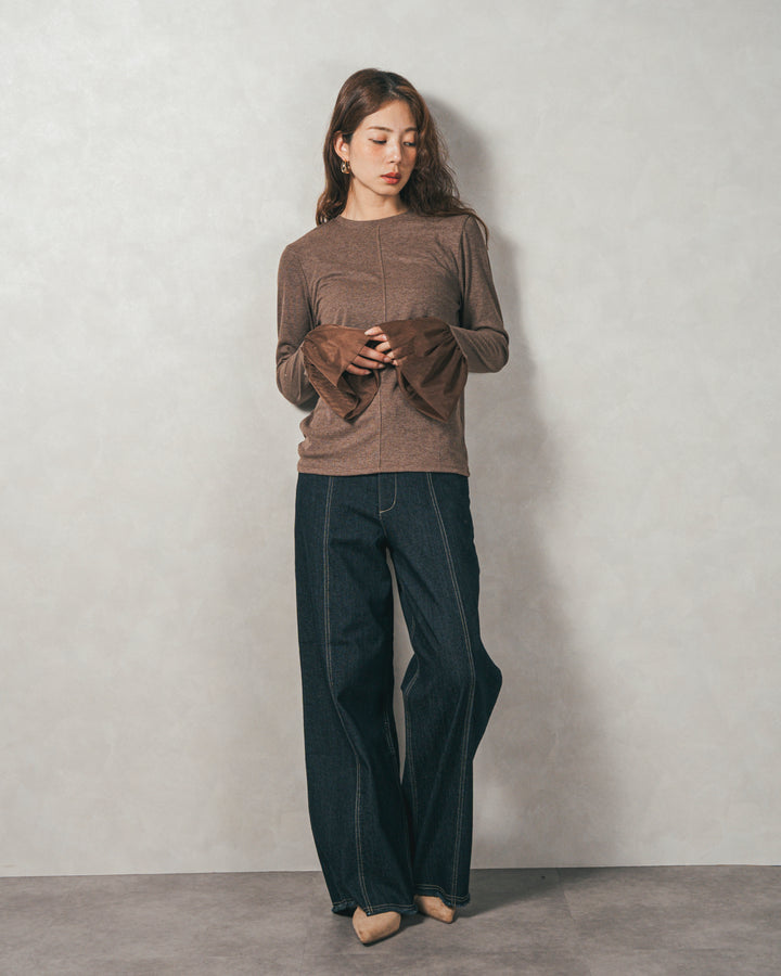 チュールスリーブRibトップス (BROWN)