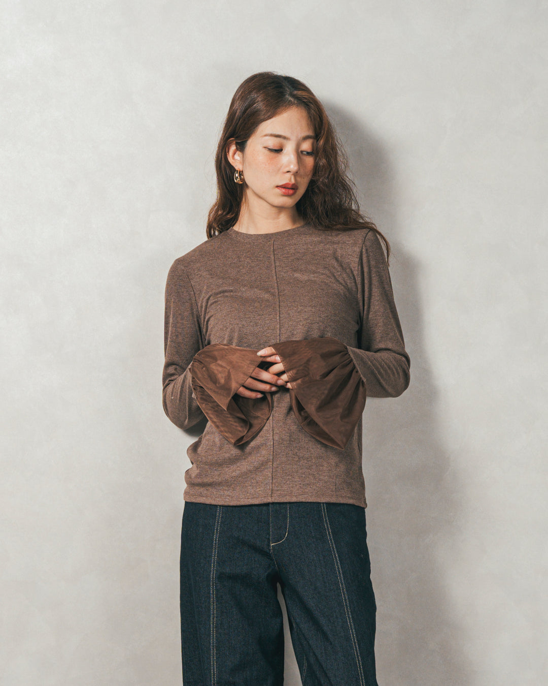 ［SET］ケーブルKnitクルーカーディガン+チュールスリーブRibトップス+センターシーム リラックスカラーデニム（3SET）