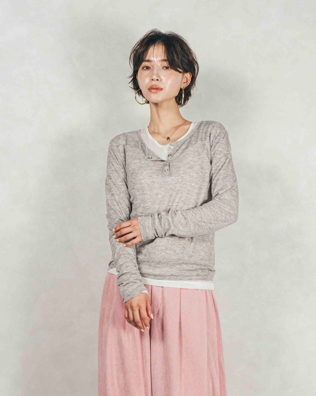 ［SET］Sheerリブヘンリーネックトップス+Sheerリブヘンリーネックトップス（2SET）