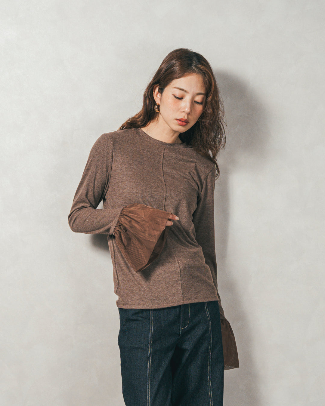 チュールスリーブRibトップス (BROWN)