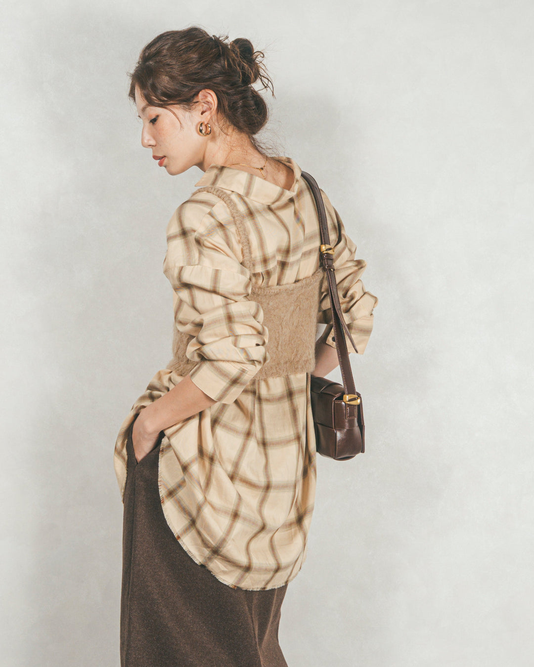 ［SET］Looseチェックシャツ+モヘアタッチKnitビスチェ