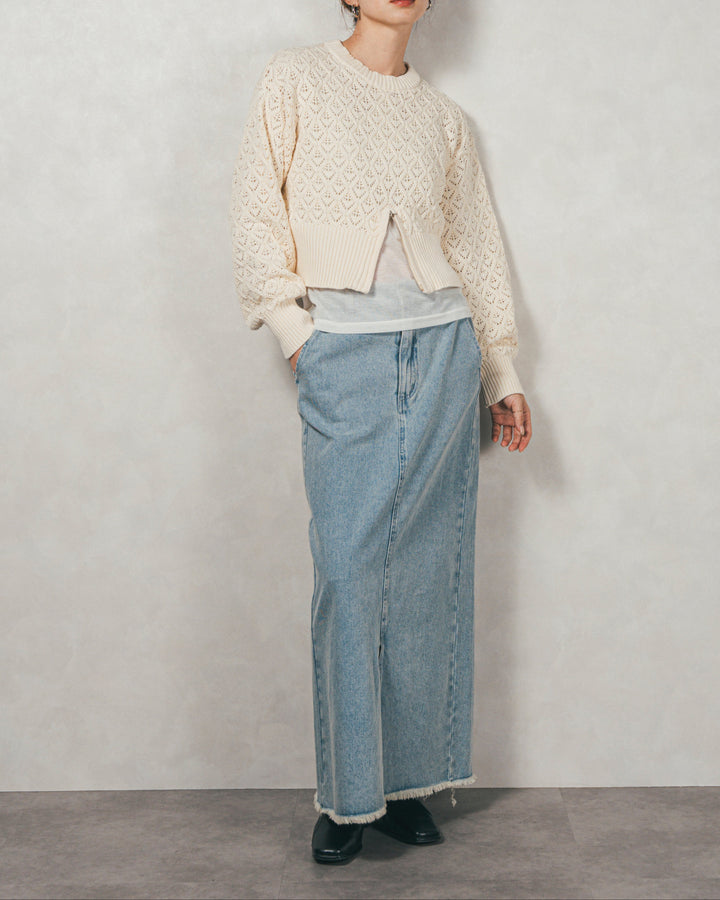 ［SET］透かし編みフロントスリットニット+フロントスリット Iラインデニムスカート（2SET）