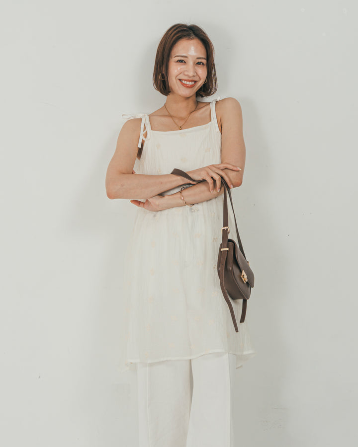 ［SET］ショルダーリボン刺繍Veilキャミ + 刺繍 Veilロングパンツ（2SET）