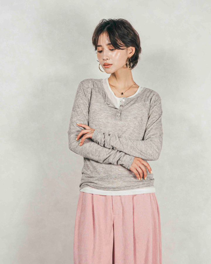 Sheerリブヘンリーネックトップス (GRAY)