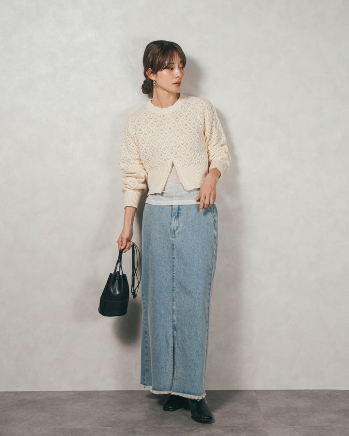 ［SET］透かし編みフロントスリットニット+フロントスリット Iラインデニムスカート（2SET）