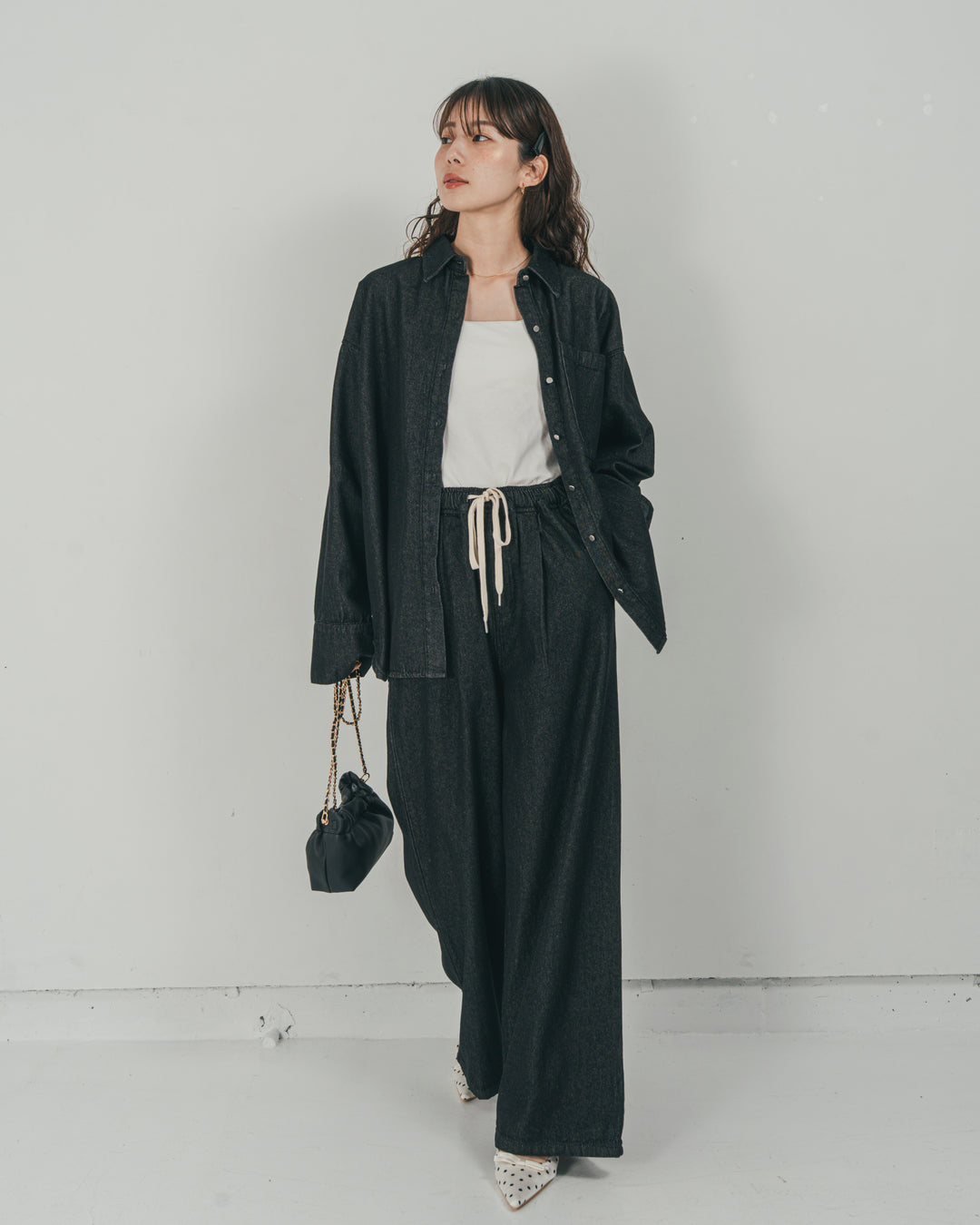 ［SET］Airy Denim オーバーシャツ + Airy Denim ワイドパンツ（2SET）