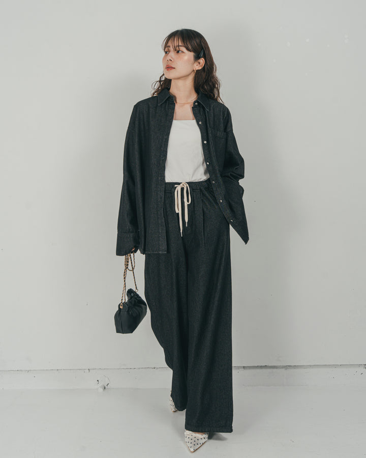 ［SET］Airy Denim オーバーシャツ + Airy Denim ワイドパンツ（2SET）