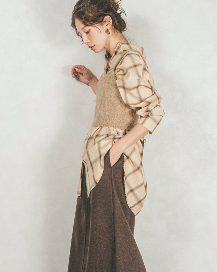 ［SET］Looseチェックシャツ+モヘアタッチKnitビスチェ