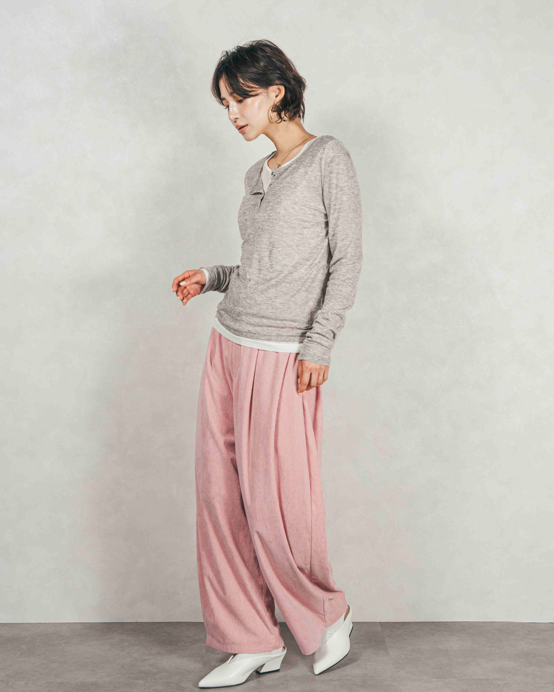 Sheerリブヘンリーネックトップス (GRAY)