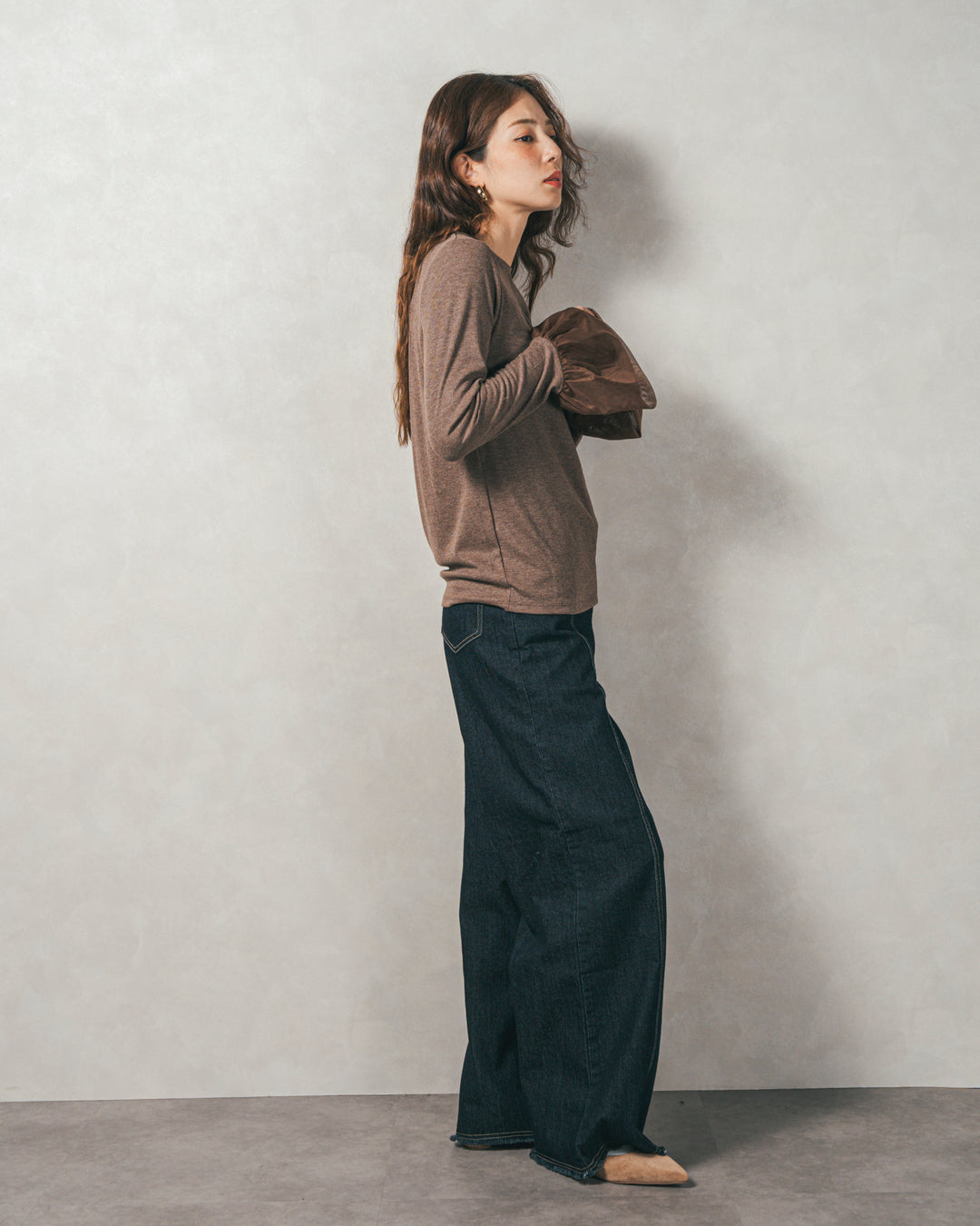 チュールスリーブRibトップス (BROWN)